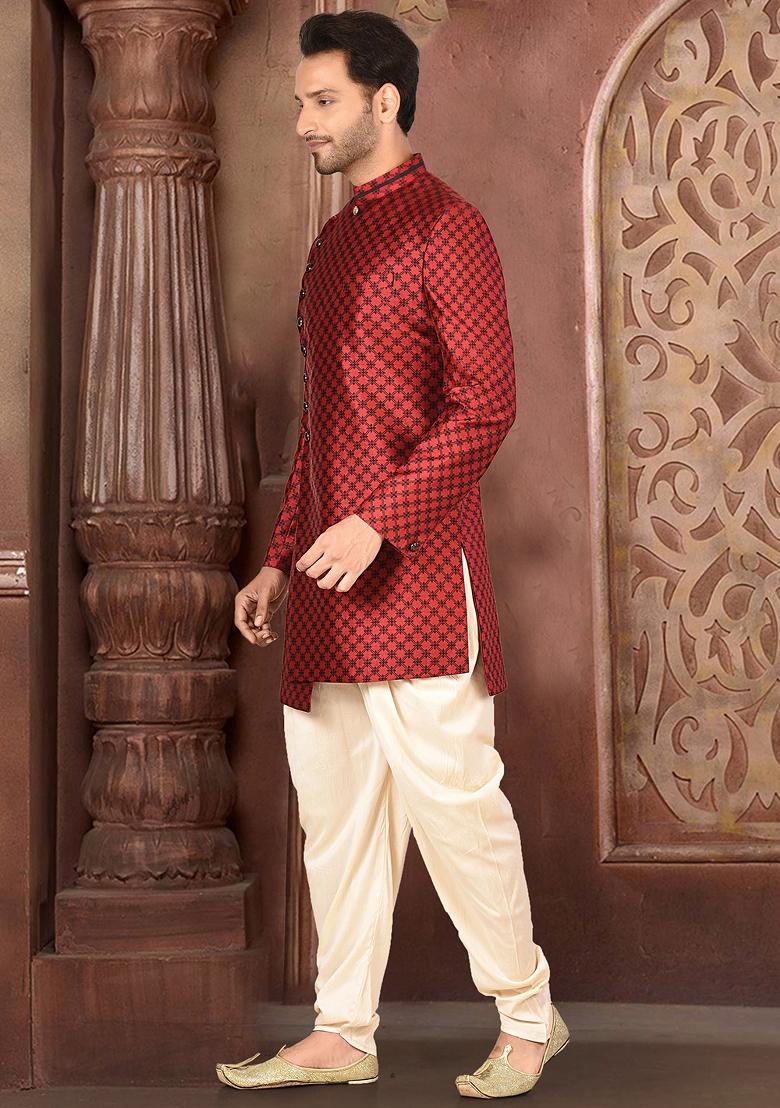 Red Embroidered Tissue Indo Western Sherwani Set For Men