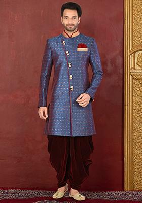 Blue Embroidered Silk Indo Western Sherwani Set For Men