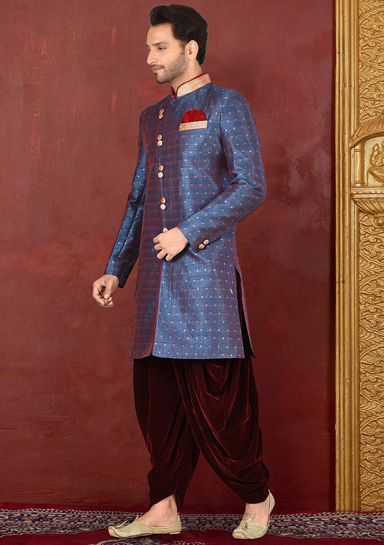 Blue Embroidered Silk Indo Western Sherwani Set For Men
