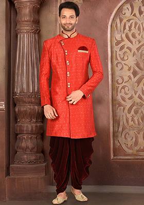Red Embroidered Silk Indo Western Sherwani Set For Men