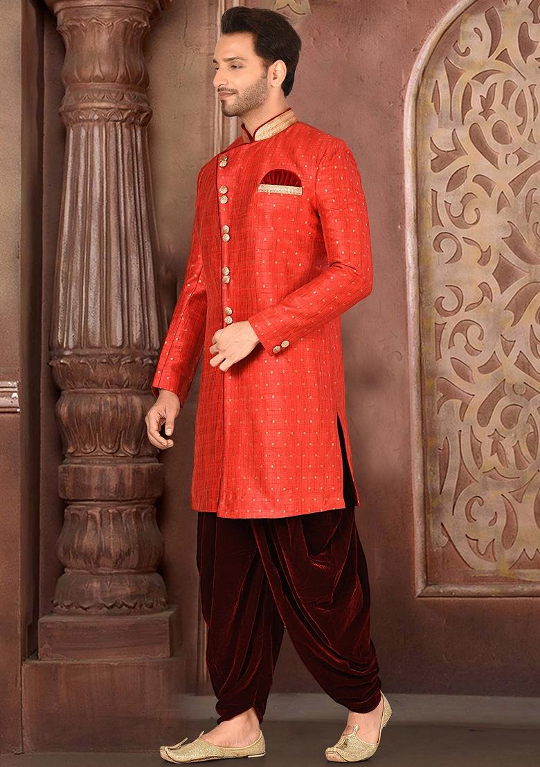 Red Embroidered Silk Indo Western Sherwani Set For Men