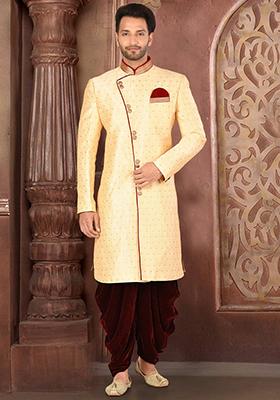 Cream Embroidered Silk Indo Western Sherwani Set For Men