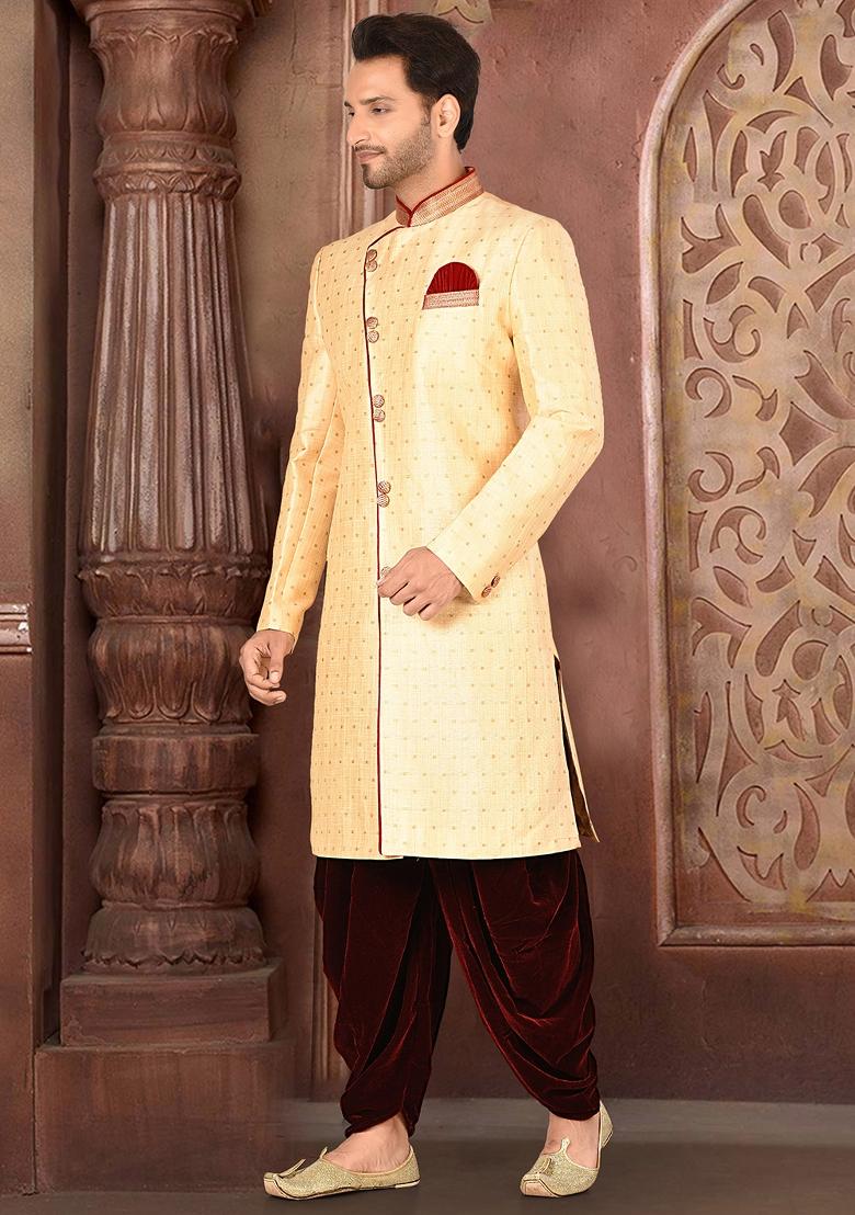 Cream Embroidered Silk Indo Western Sherwani Set For Men