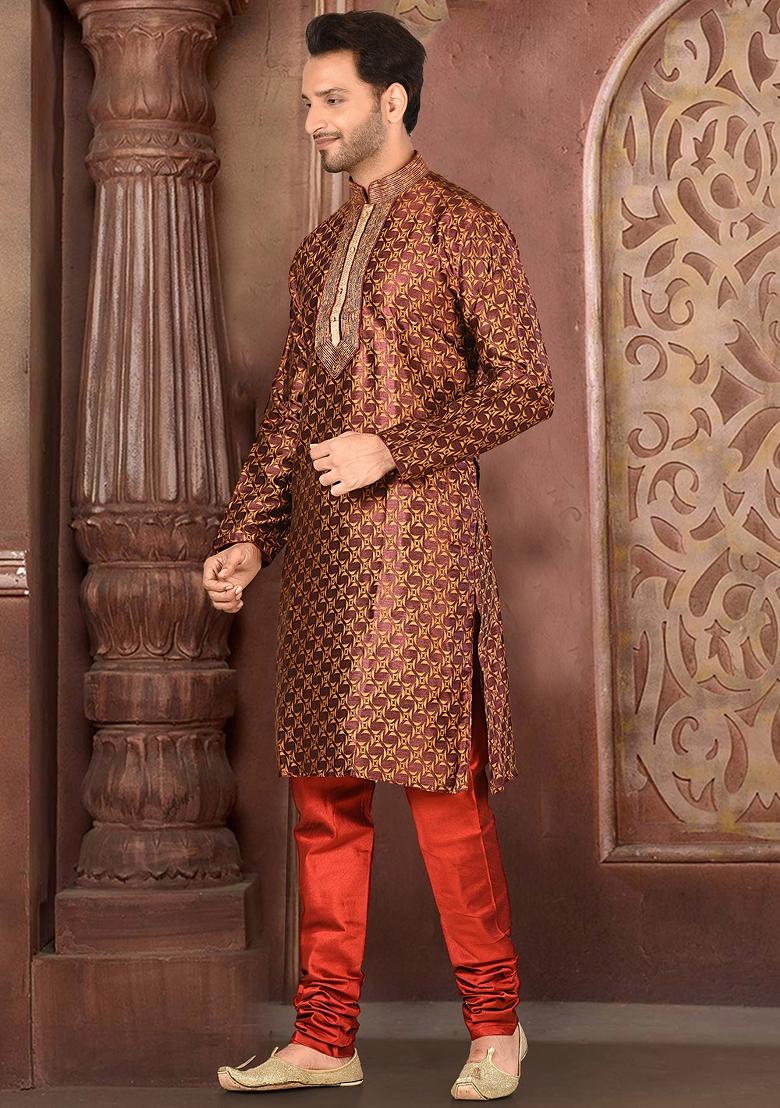Brown Embroidered Jacquard Kurta Set For Men