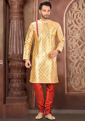 Golden Embroidered Jacquard Kurta Set For Men