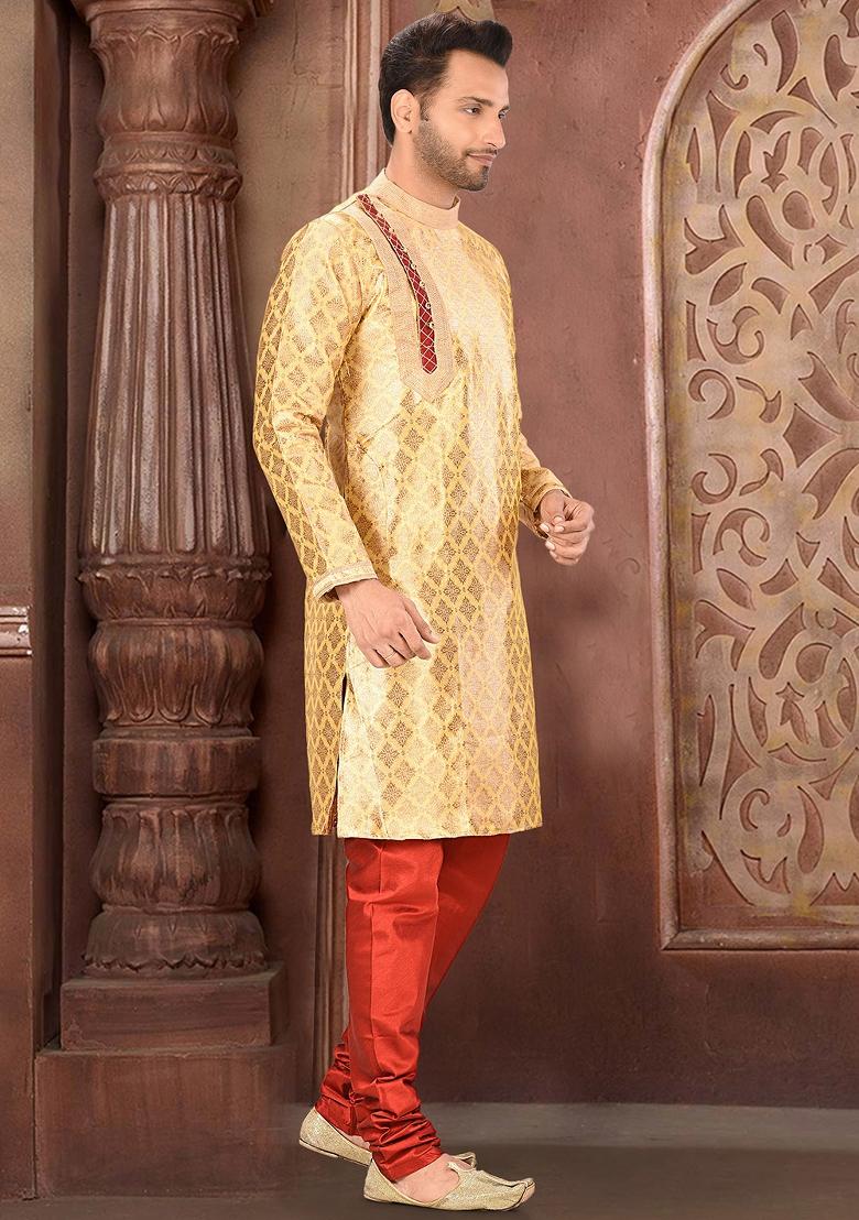 Golden Embroidered Jacquard Kurta Set For Men