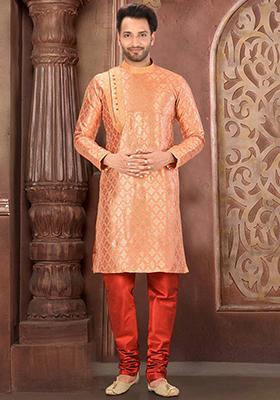 Peach Embroidered Jacquard Kurta Set For Men