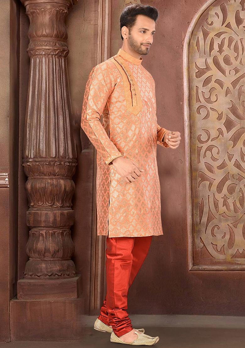 Peach Embroidered Jacquard Kurta Set For Men