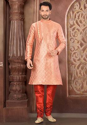 Red Embroidered Jacquard Kurta Set For Men
