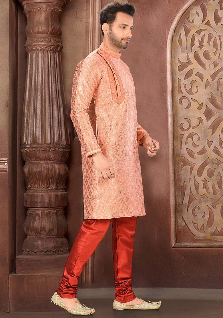 Red Embroidered Jacquard Kurta Set For Men