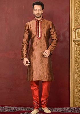 Brown Embroidered Jacquard Kurta Set For Men