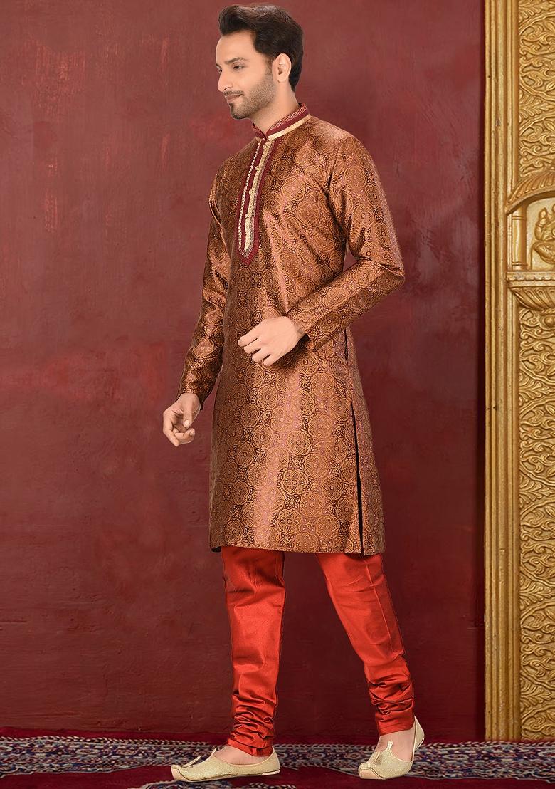 Brown Embroidered Jacquard Kurta Set For Men