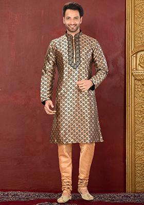 Gold Embroidered Jacquard Kurta Set For Men