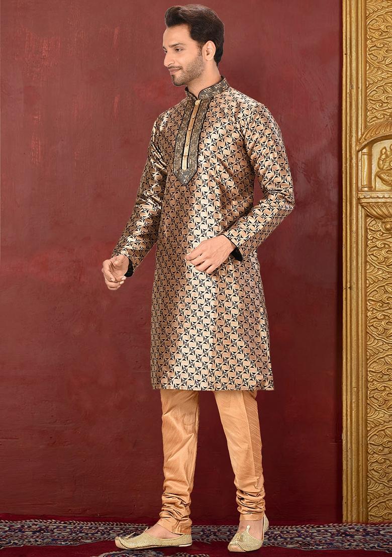 Gold Embroidered Jacquard Kurta Set For Men