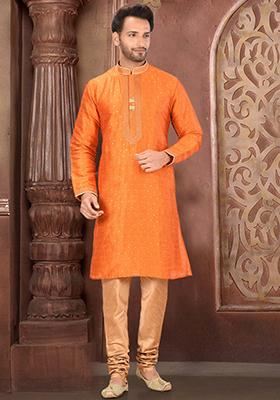 Orange Embroidered Silk Kurta Set For Men