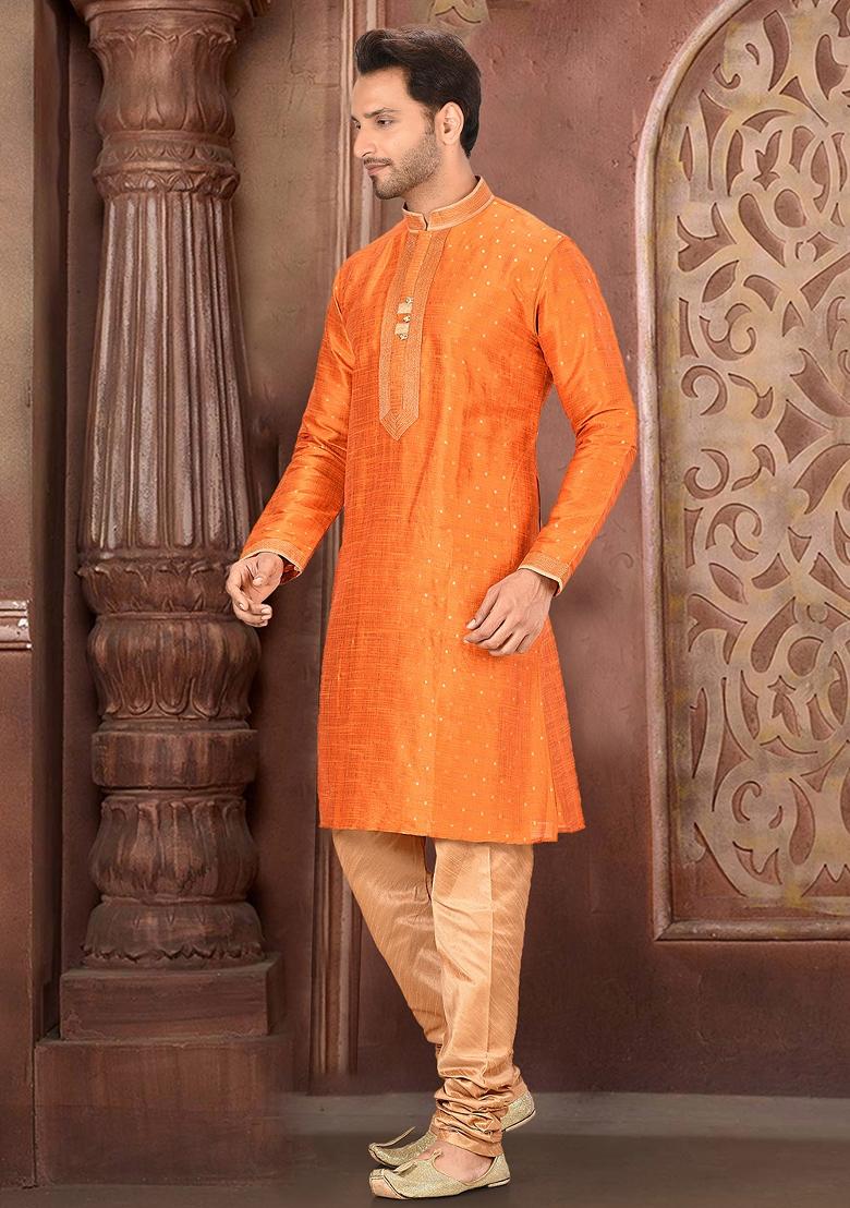 Orange Embroidered Silk Kurta Set For Men