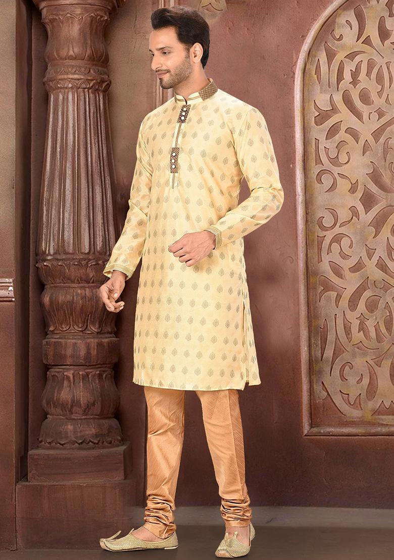 Cream Embroidered Silk Kurta Set For Men