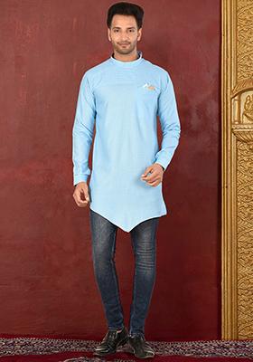 Sky Blue Solid Cotton Blend Kurta For Men
