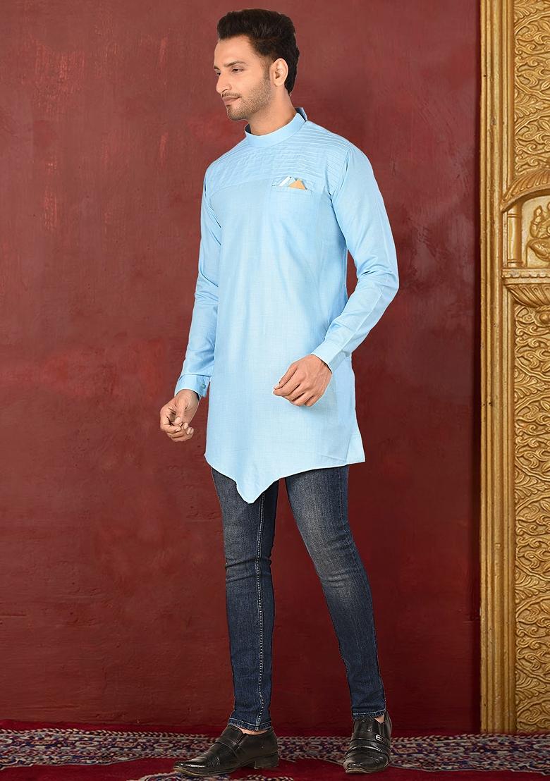 Sky Blue Solid Cotton Blend Kurta For Men