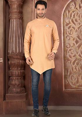 Beige Solid Cotton Blend Kurta For Men