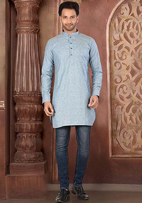 Grey Solid Cotton Blend Kurta For Men