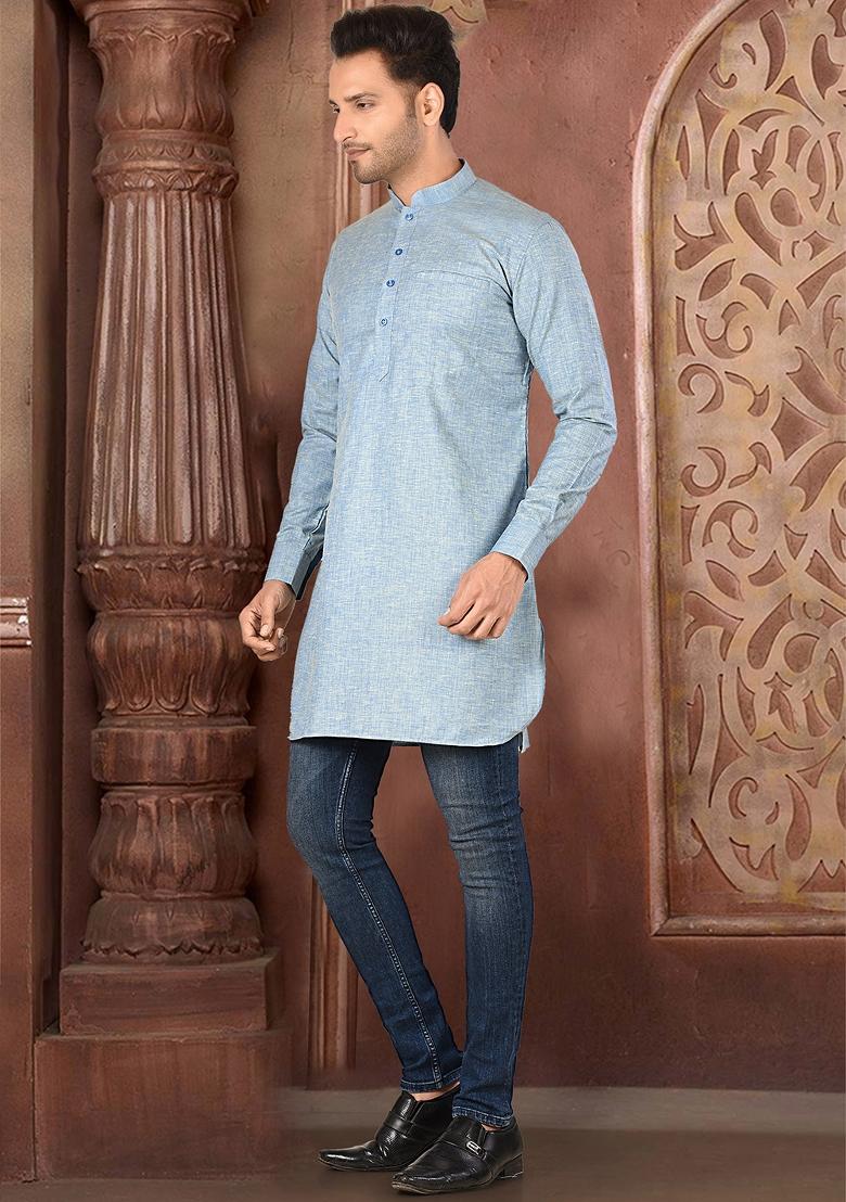 Grey Solid Cotton Blend Kurta For Men