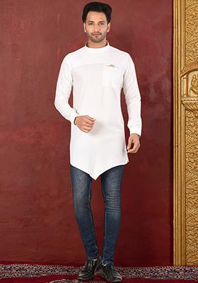 White Solid Cotton Blend Kurta For Men