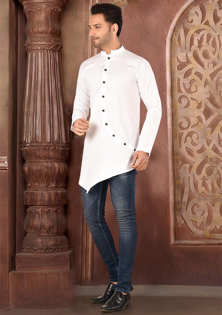 White Solid Cotton Blend Kurta For Men