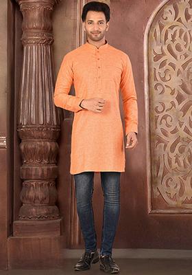 Orange Solid Cotton Blend Kurta For Men