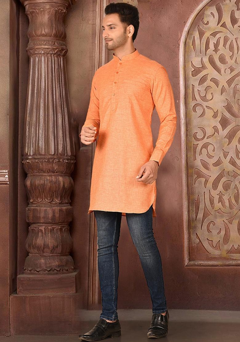 Orange Solid Cotton Blend Kurta For Men