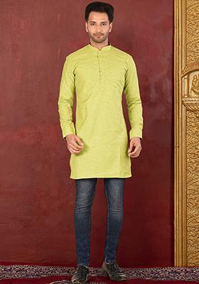 Green Solid Cotton Blend Kurta For Men