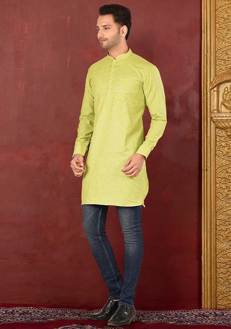 Green Solid Cotton Blend Kurta For Men