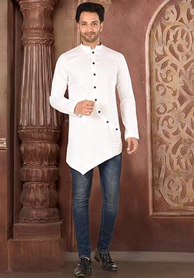 White Hand Embroidered Cotton Blend Kurta For Men