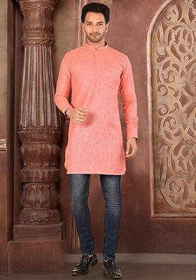 Peach Solid Cotton Blend Kurta For Men