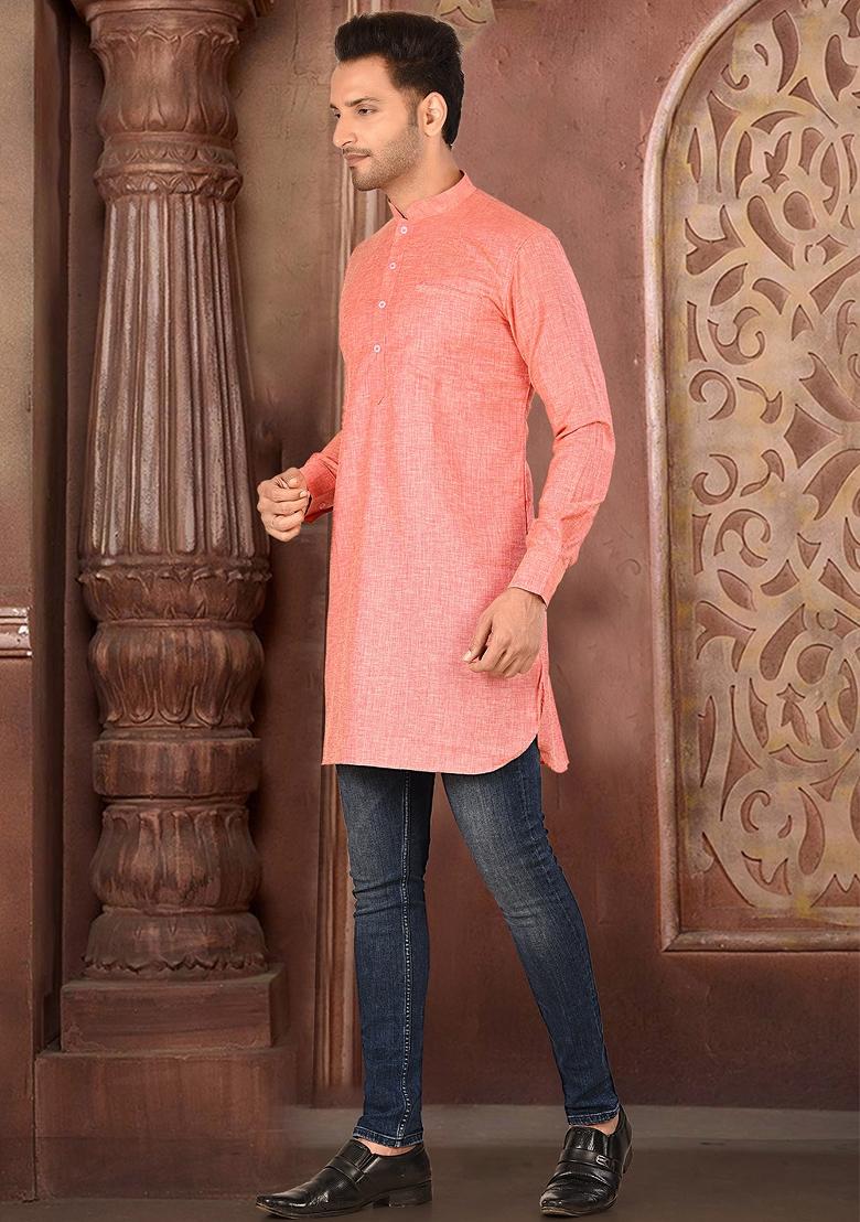 Peach Solid Cotton Blend Kurta For Men