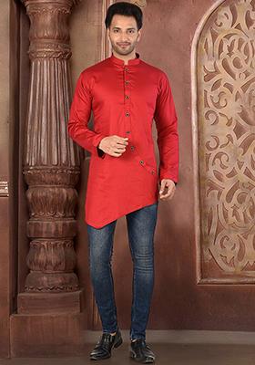 Crimison Red Solid Cotton Blend Kurta For Men