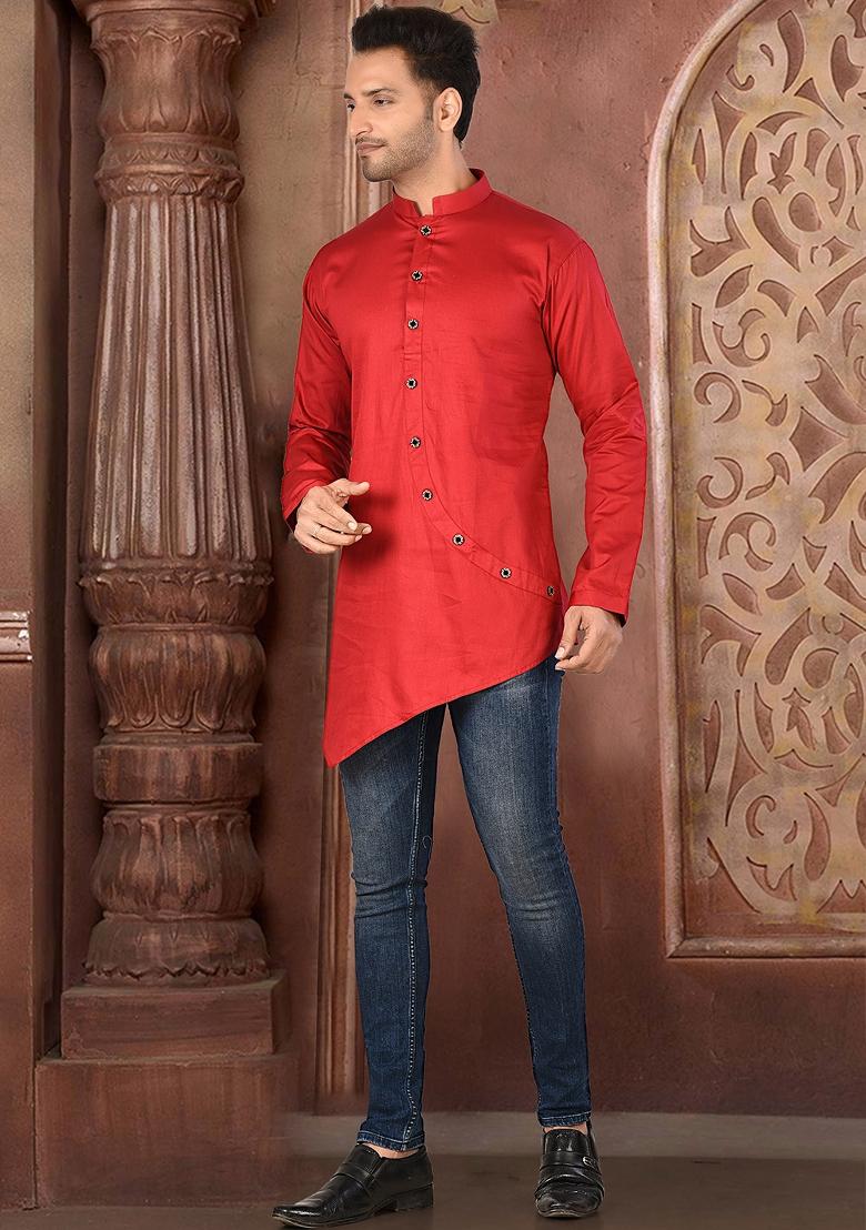 Crimison Red Solid Cotton Blend Kurta For Men