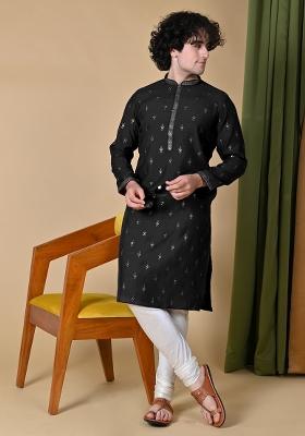 Black Embroidered Silk Kurta For Men