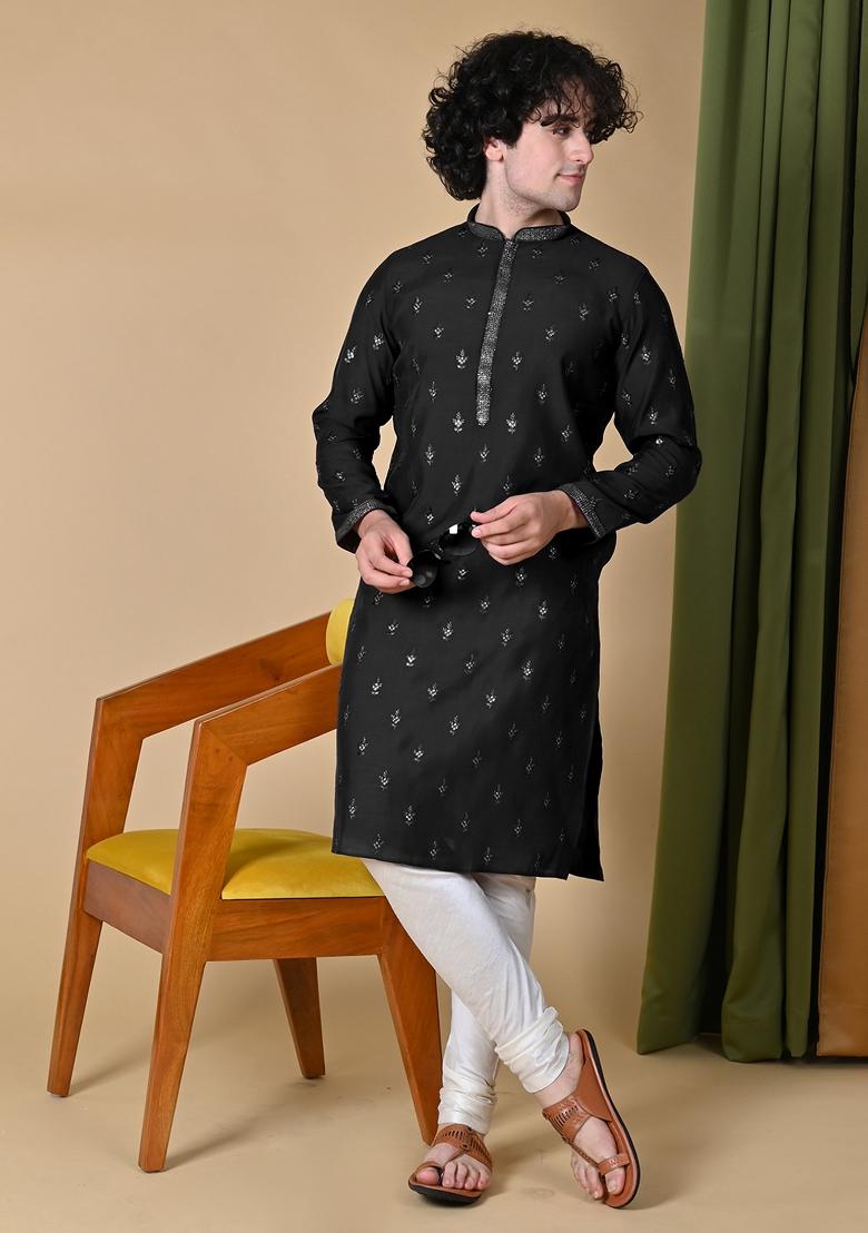 Black Embroidered Silk Kurta For Men