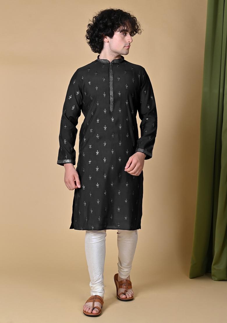 Black Embroidered Silk Kurta For Men