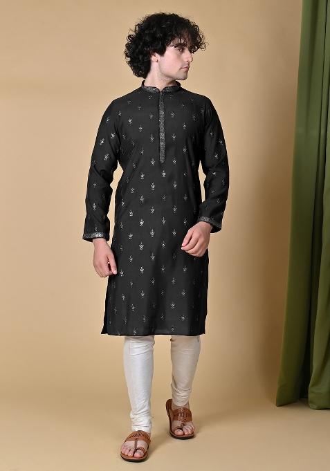 Black Embroidered Silk Kurta For Men