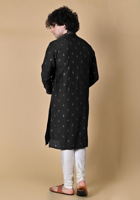 Black Embroidered Silk Kurta For Men