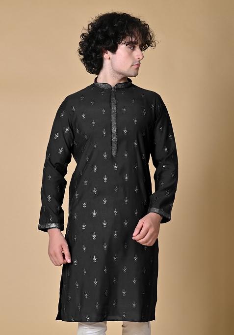 Black Embroidered Silk Kurta For Men