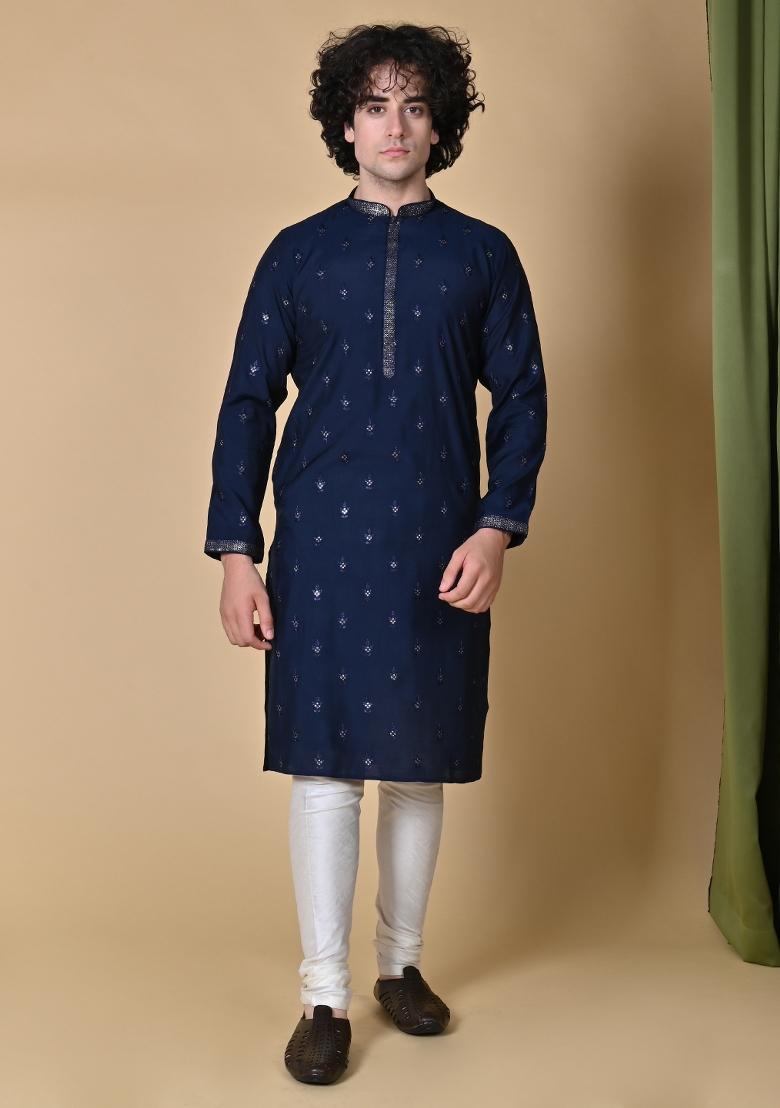 Navy Blue Embroidered Silk Kurta For Men