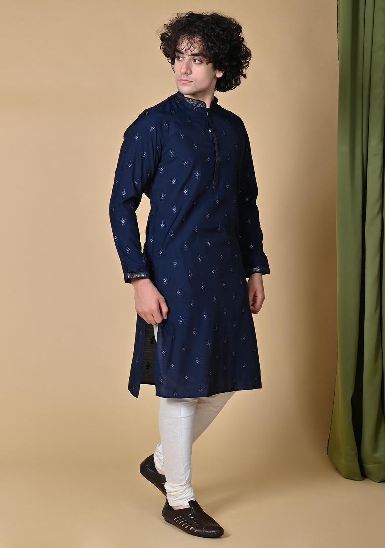 Navy Blue Embroidered Silk Kurta For Men