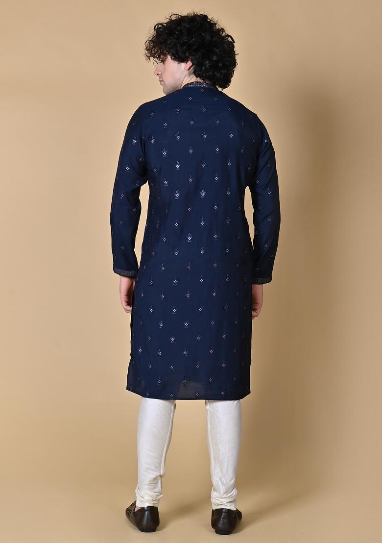 Navy Blue Embroidered Silk Kurta For Men