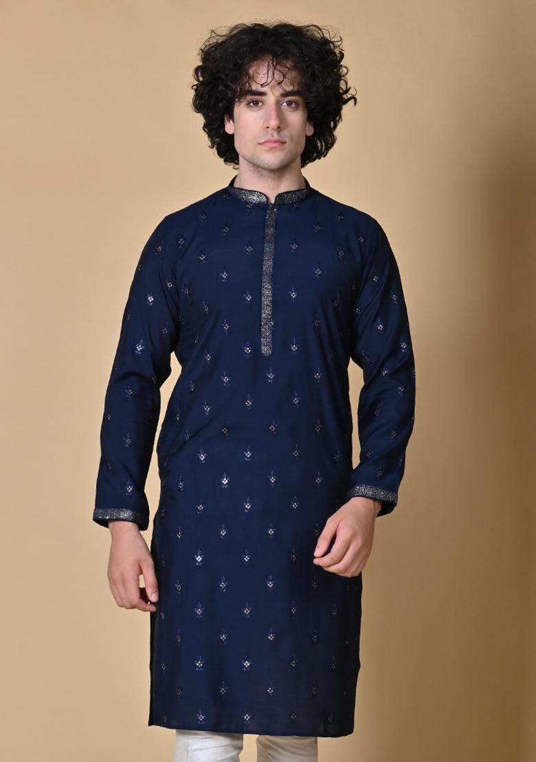 Navy Blue Embroidered Silk Kurta For Men