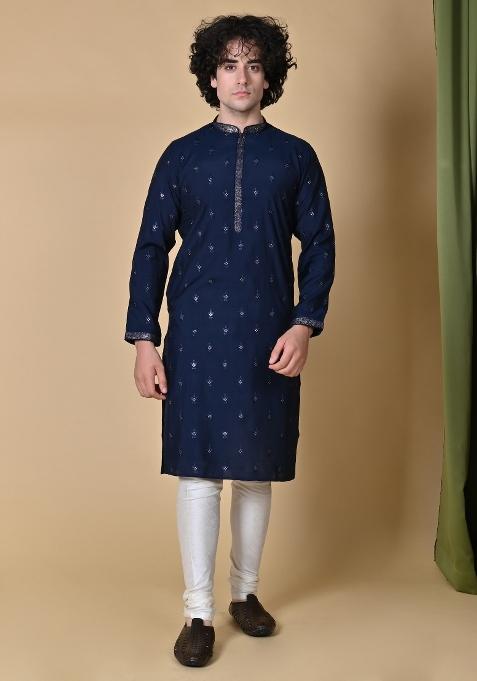 Navy Blue Embroidered Silk Kurta For Men