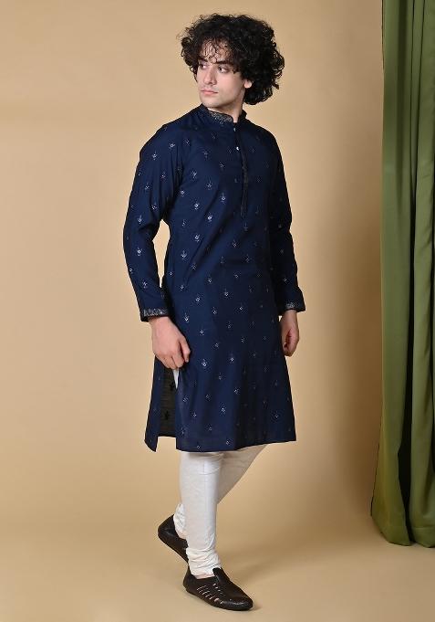 Navy Blue Embroidered Silk Kurta For Men