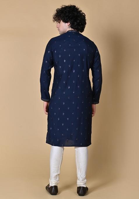 Navy Blue Embroidered Silk Kurta For Men